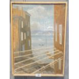 A FRAMED OIL ON CANVAS DEPICTING A SEASIDE TON SCENE INSCRIBED PRIMROSE HARLEY VERSO