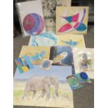 A COLLECTION OF ABSTRACT PAINTINGS AND ANIMAL STUDIES BY JOAN FIELDEN TOGETHER WITH A DRAWING PAD