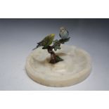 A COLD PAINTED BRONZE GROUP OF BUDGERIGARS ON ONYX BASE, Dia. 16.25 cm