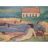L.VAL?; Early 20th century Continental school, impressionist beach scene with building, boat and
