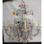 A LARGE TRADITIONAL MURANO GLASS CHANDELIER, six branch, with numerous swirled and coloured leaf dro