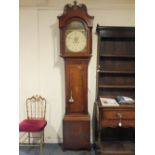A 19TH CENTURY OAK AND MAHOGANY LONGCASE CLOCK WITH EIGHT DAY MOVEMENT, the painted face with date