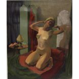 (XX). Interior scene with female nude kneeling on a bed, unsigned, oil on canvas, unframed, 76 x