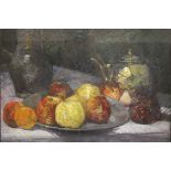 PLESSY (XX). Impressionist still life study of fruit and various items on a table, signed upper