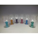 DAVID WALLACE - A SET OF SIX CONTEMPORARY STUDIO GLASS GOBLETS, clear bowls with varying coloured