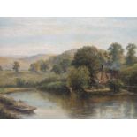 WILLIAM LANGLEY (1852-1922). Wooded lake scene with cottage and punt, hills in background, signed