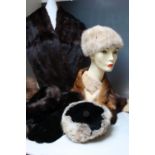 A LADIES VINTAGE FUR COAT AND STOLE, together with a collection of vintage fur hats and collars