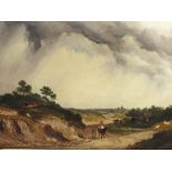 (XIX). Stormy wooded landscape, with gypsy encampments, horse and figures on a track, and sheep