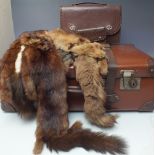 A COLLECTION OF VINTAGE ACCESSORIES, comprising two fur stoles, a ladies vintage leather bag and
