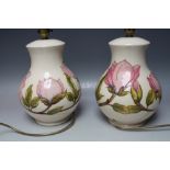 A PAIR OF MOORCROFT 'PINK MAGNOLIA' PATTERN TABLE LAMPS, approximate H 30 cm (to inc. bulb holder)