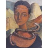 INDISTINCTLY SIGNED 20TH CENTURY MODERNIST STUDY OF A WOMAN, snake coiled round her neck,