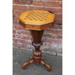 A VICTORIAN INLAID TRUMPET SHAPED WORK TABLE, the hinged lid opening to a fitted interior, raised on