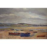 DAVID L GHILCHIK (1892-1974). Modern British school, estuary scene with beached boats, figures and