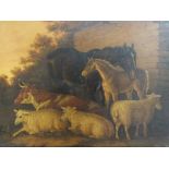 T.Y. Study of a cow, sheep and horses in a farmyard, signed with initials on sheep in right and