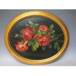 M. A. STONE (XIX - XX). Oval still life study of a branch of roses, signed middle right, oil on