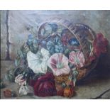 FLORENCE WESTWOOD (XIX-XX). Still life study of flowers in a wicker basket and butterfly before,