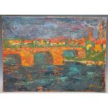 O.K. ?; An early 20th century impressionist river scene with stone bridge, signed lower right, oil