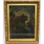 (XIX). Wooded landscape with young man and horses resting by a tree, unsigned, oil on board,