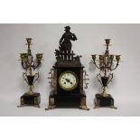 A BLACK SLATE AND MARBLE CLOCK GARNITURE, the clock with 8 day movement striking on a single bell,