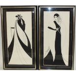 L.J.G. A pair of Art Deco style portrait studies of stylized women in elegant dress, one signed