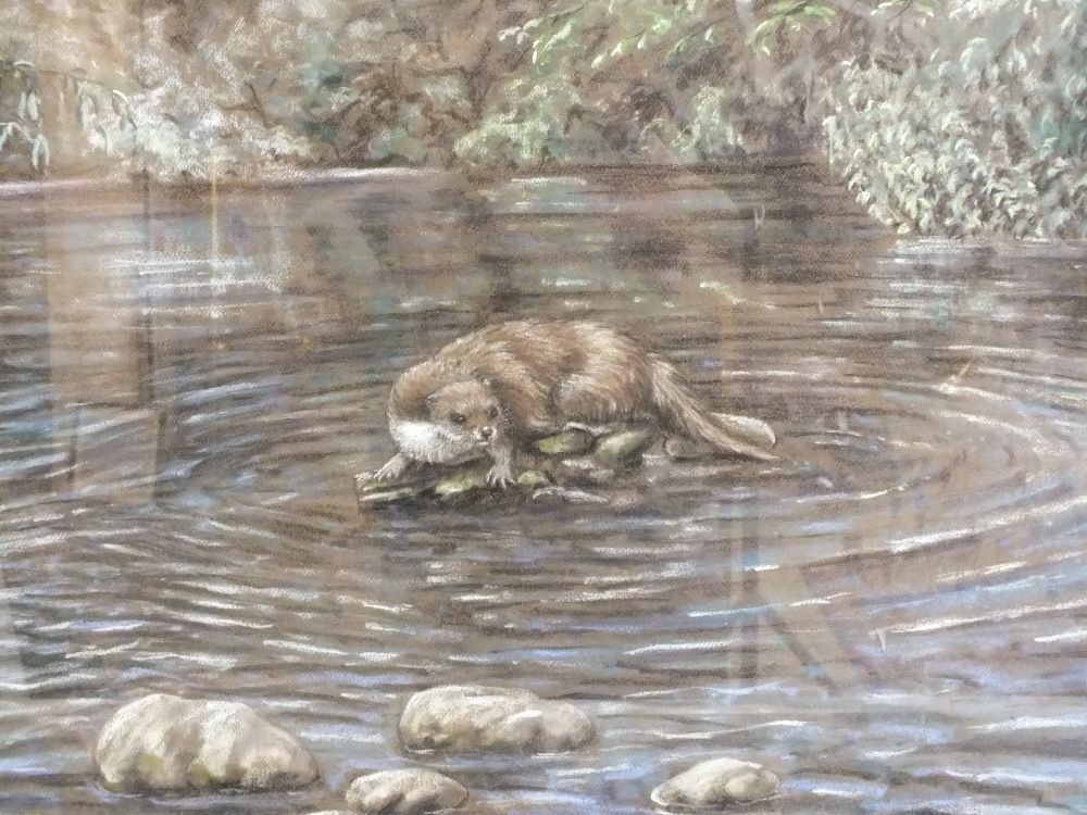 JOAN FIELDEN (XX). British school, wooded river scene with and otter sitting on rocks, singed