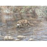 JOAN FIELDEN (XX). British school, wooded river scene with and otter sitting on rocks, singed