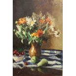 (XX). An impressionist still life study of a vase of flowers, pears and a bowl of cherries on a