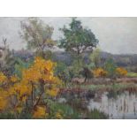 E???? (XX). Impressionist wooded river landscape, signed lower left, oil on canvas, framed, 25 x
