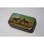 A PAPIER MACHE SNUFF BOX DECORATED WITH DONKEYS, W 7.5 cm