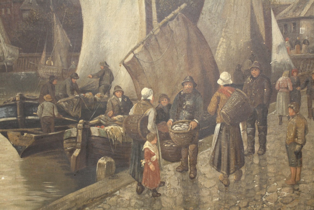R. MONTI (XIX). Continental school, coastal town scene with moored fishing boat, fishermen and - Image 3 of 5