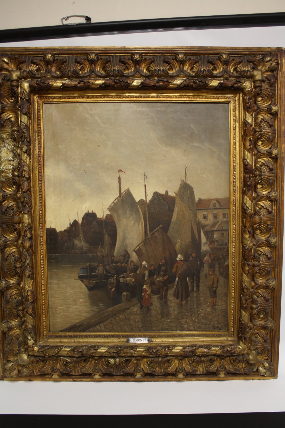 R. MONTI (XIX). Continental school, coastal town scene with moored fishing boat, fishermen and - Image 2 of 5