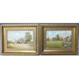 RICHARD SIMM (XX). A pair of village scenes, comprising coaching inn with horses, coach, figures and