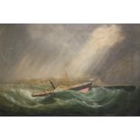 (XIX). A stormy coastal scene with paddle steamer in a heavy swell, unsigned, oil on canvas,