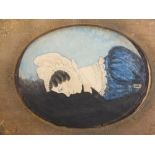 (XIX). Portrait miniature of a young lady in blue dress and white bonnet, unsigned, watercolour on