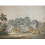 (XIX). English wooded landscape with ecclesiastical ruins attached to manor farm buildings, with