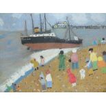 CORNISH SCHOOL (XX). Beach scene with figures watching a boat, with pier in background, indistinctly
