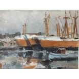 PAUL M???? (XX). Continental school, impressionist Parisian dockland scene with moored ships, signed