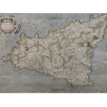 GERARD MERCATOR (1512-1594). Hand coloured engraved map of Sicily, see Latin text verso, framed