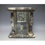 A STYLISH ART DECO FOUR GLASS AND MARBLE MANTLE CLOCK, the silvered square dial with Arabic