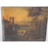 (XIX). A classical Italianate lakeland landscape with ruins and figures, unsigned, oil on canvas,