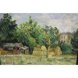 OWEN BOWEN (1873-1969). Impressionist wooded scene with large building, haystacks and shed, signed