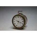 A SMALL HALLMARKED SILVER TRAVEL CLOCK BY ZIMMERMAN - BIRMINGHAM 1919, A/F, Dia 4.5 cm