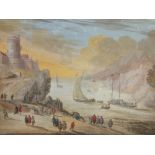 (XVIII-XIX). Continental coastal harbour scene, with sailing vessels, figures and village, unsigned,