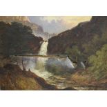 JOHN HOLLAND (XIX). A mountainous wooded river landscape with figures by waterfall, signed lower