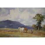 FREDERICK JAMES KNOWLES (1831-1908). Rural scene with figure and two horses ploughing, mountains
