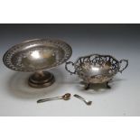 A HALLMARKED SILVER COMPORT - BIRMINGHAM 1909, together with a pierced twin handled bowl, W 16.25 cm