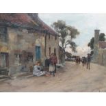 J. MILNE. Scottish village street scene with figures and horses 'KILRENNY', see verso, signed