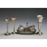 THREE HALLMARKED SILVER SPECIMEN VASES, together with a modern plated novelty cruet set of chicks in