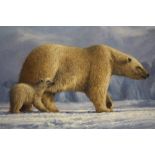 GARY JAMES. Study of a female polar bear and baby in the snow, snow clad mountains in background,