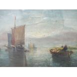 E. C. H. (XIX). Moonlit coastal scene with sailing vessels, rowing boat and figures, signed with